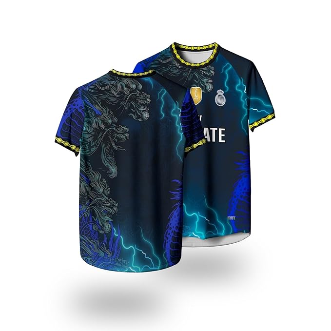Dragon Jersey, White to Black Gradient Design with Turquoise Dragon Graphics, Sports T-Shirt