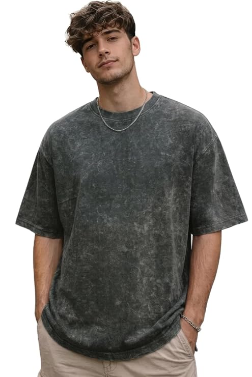 boffi ... 100% Cotton Oversized T-Shirt Unisex Drop Shoulder Dye Washed Street Look Black Pack of 1